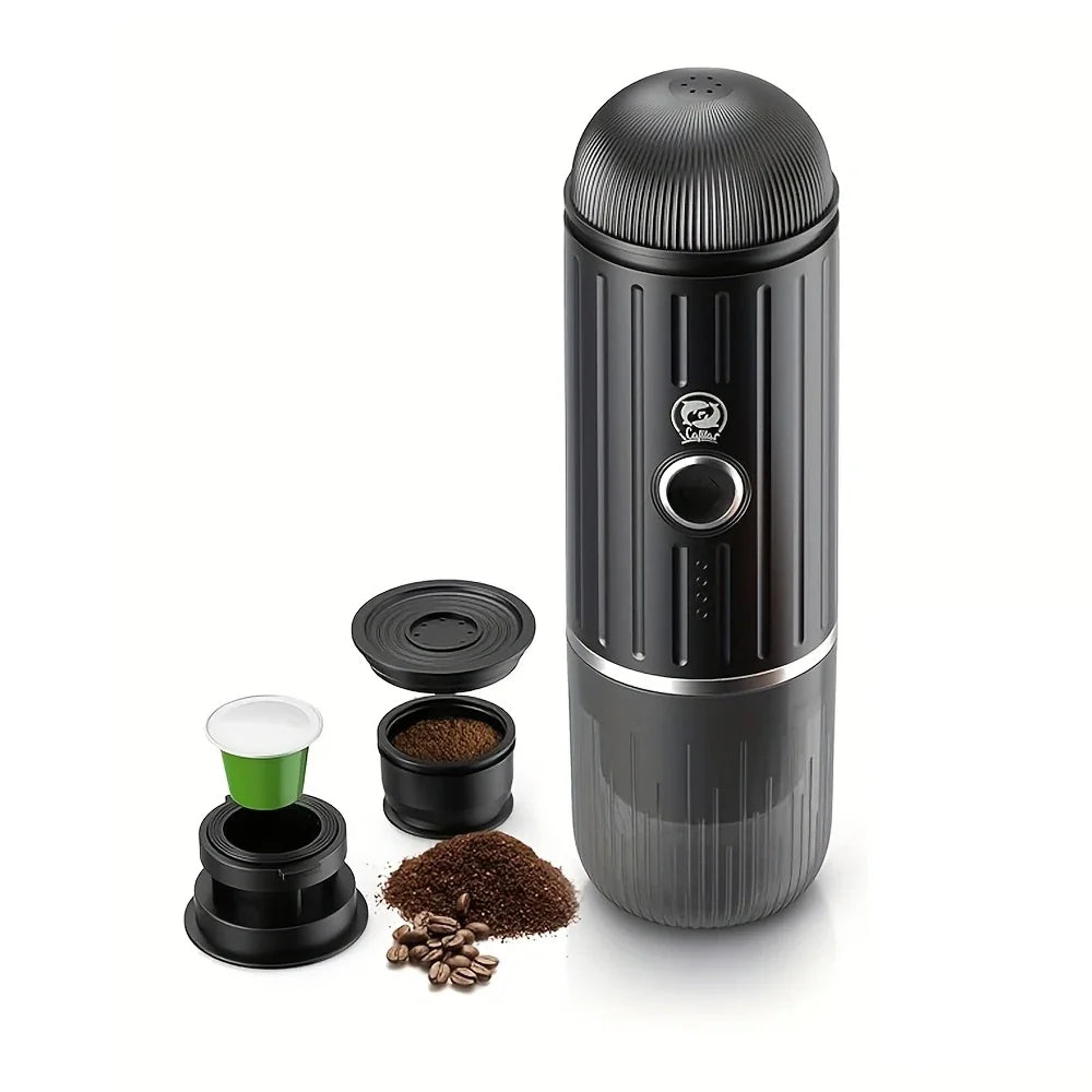 Caffeine & Co Portable Electric Espresso Machine Travel Coffee Maker for Camping, Car Self-Heating with Ground Coffee & NS Capsule