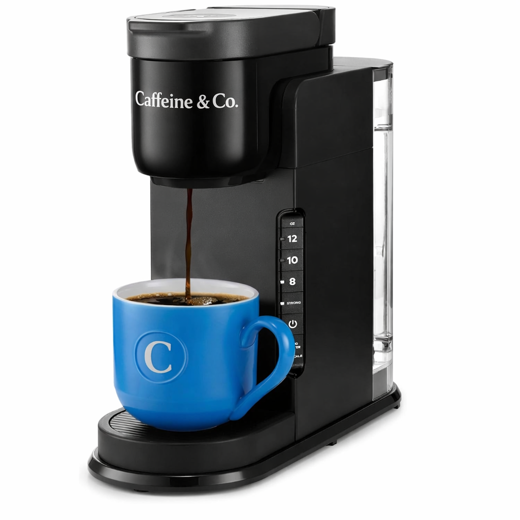 Caffeine & Co-Express Single Serve Coffee Maker – Strong Brew Option, 42oz Reservoir, Sleek Design for Holiday Hosting & Gifting, BlackCo