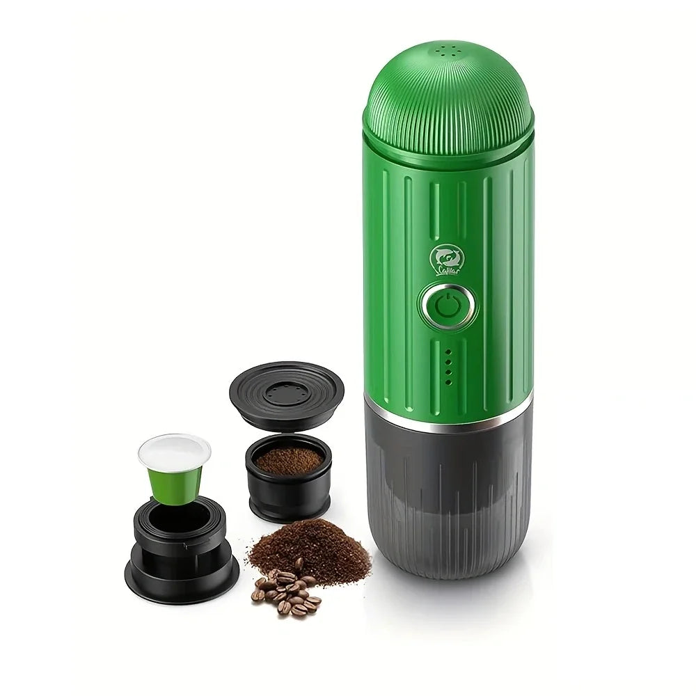 Caffeine & Co Portable Electric Espresso Machine Travel Coffee Maker for Camping, Car Self-Heating with Ground Coffee & NS Capsule